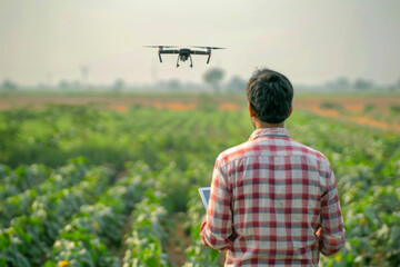 Farmer controls drone in green field. Smart modern agricultural practices with technology and machinery