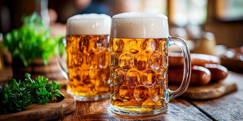 Mug beer. Full glasses of mug beer. Oktoberfest beer festival in Germany