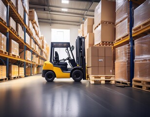 Naklejka premium Forklift loads pallets and boxes in warehouse