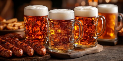 Mug beer. Full glasses of mug beer. Oktoberfest beer festival in Germany