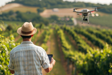 Farmer controls drone in grape field. Smart modern agricultural practices with technology and machinery