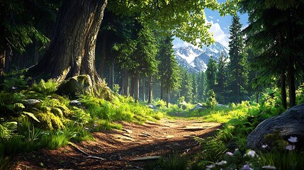 Sunbeams dance through emerald canopy in a pristine morning forest