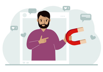 Social media influencer. A man holds a magnet in a social profile frame. Various icons. Vector flat illustration