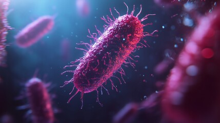 Fototapeta premium Microscopic view of vibrant bacteria floating in a dark, illuminated environment during a scientific illustration of microbial life