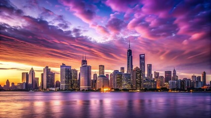 Obraz premium City skyline at sunset with a purple sky, city, skyline, sunset, purple, sky, urban, cityscape, buildings