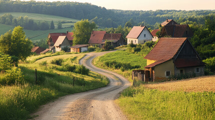 A peaceful rural village with quaint houses and a winding dirt road