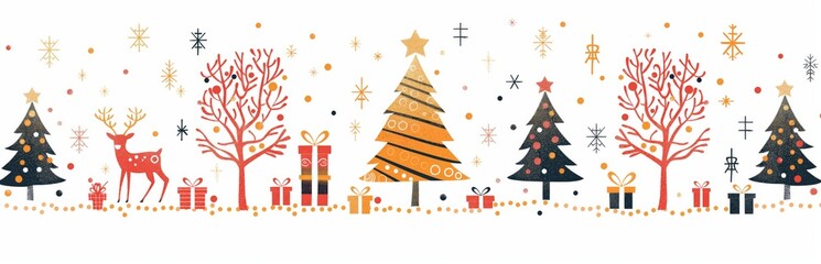 Whimsical Christmas Illustration with Festive Trees, Reindeer, and Stars