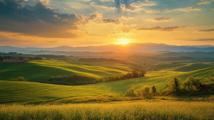 Obraz premium A picturesque sunset over rolling hills and farmland
