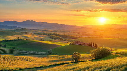 Obraz premium A picturesque sunset over rolling hills and farmland