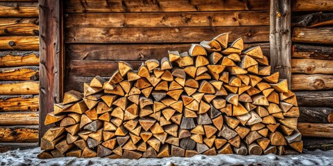Neatly stacked firewood against a rustic wooden wall, awaiting use in a cozy fireplace, evoking a sense of warmth and winter comfort.