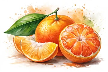 Vibrant watercolour-style vector illustration of a sliced mandarin orange, bursting with juicy pulp and segments, on a crisp white background with artistic textures.