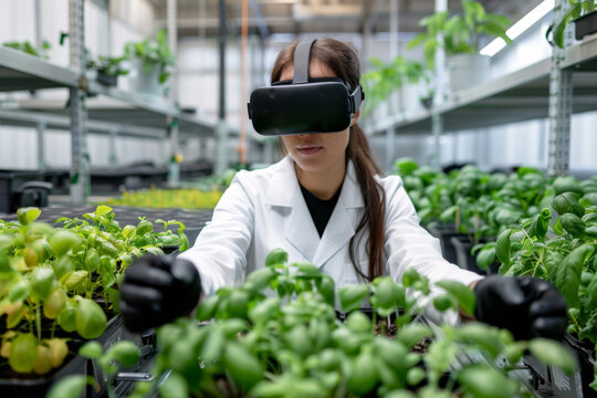 Female scientist wears VR or AR glasses in green greenhouse. Modern agricultural practices with virtual reality simulators. Smart farming with AI, futuristic agriculture concept
