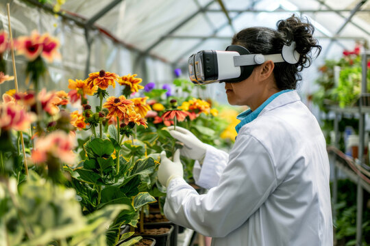 Female scientist wears VR or AR glasses in blooming flowers greenhouse. Modern agricultural practices with virtual reality simulators. Smart farming with AI, futuristic agriculture concept