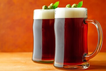 Mug beer. Full glasses of mug beer. Oktoberfest beer festival in Germany