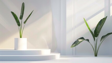 Minimalist White Interior with Tropical Plants and Sunlight