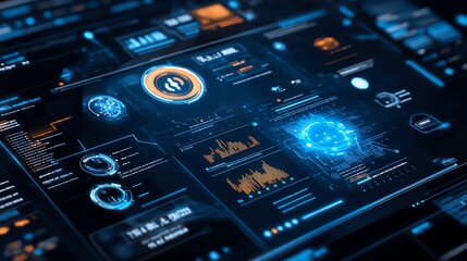 Abstract futuristic digital interface with data and graphs.
