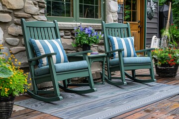 3-piece patio set with rocking chairs and side table in green finish, blue striped pillows, gray rectangular rug, stone wall, colorful flower garden, wooden floor, black pot plants.