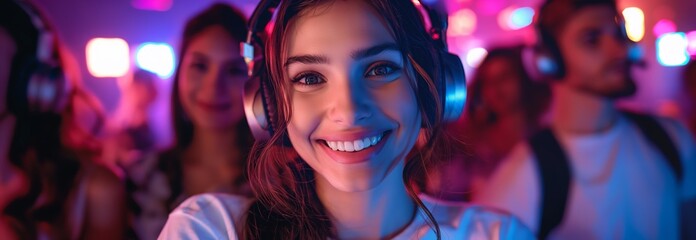 Smiling Young Woman Enjoying a Silent Disco Party with Headphones in a Vibrant Nightclub
