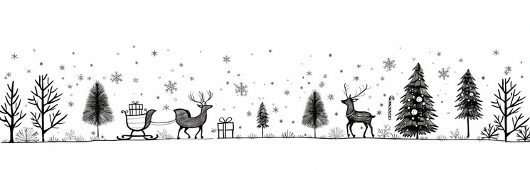Naklejka premium Monochrome Christmas Illustration with Reindeer, Trees, and Snowflakes in Winter Landscape