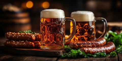 Mug beer. Full glasses of mug beer. Oktoberfest beer festival in Germany