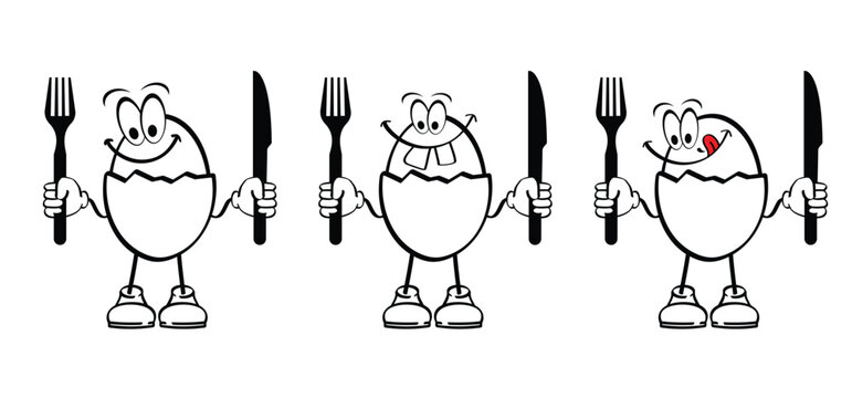Cartoon drawing chicken egg mascot. good morning idea. Cracked or broken eggs. Cooking food, culinary ingredient pictogram. World food day or world egg day. breakfast tools - Powered by Adobe