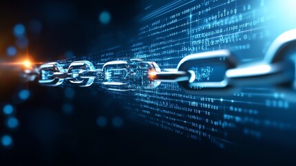 Metallic chain links against a background of digital code, symbolizing data security and connectivity.