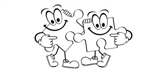 Cartoon mascot jigsaw puzzle pieces connection line pattern. Puzzle pieces icon or pictogram. Vector for autism awareness logo or symbol. Dubbele platte puzzles. Game print. Teamwork concept.
