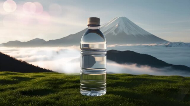 Plastic bottles on a cliff with a background of mountains still covered in dew. Seamless 4K looping timelapse video animation generated AI - Powered by Adobe