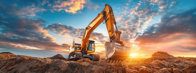 Excavator at Work on Construction Site During Stunning Sunset with Dramatic Sky
