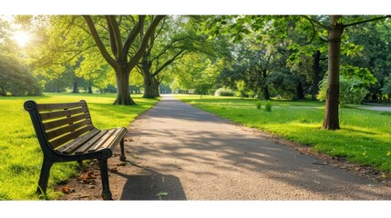 Bench in a Sunny Park Path.