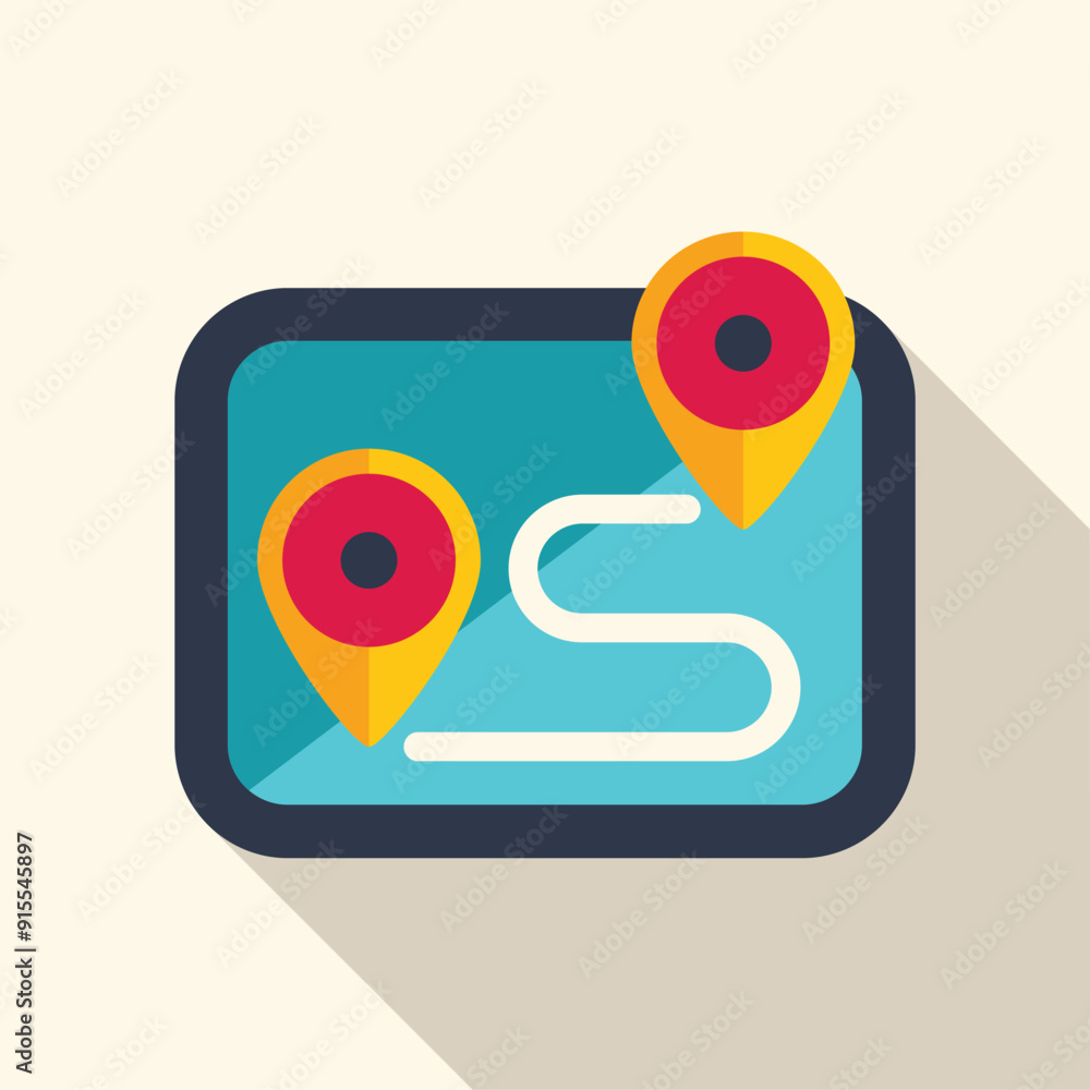 Poster gps navigation app is displaying a route on a map, with two location pins marking the starting and e