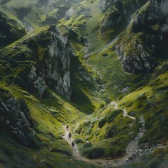 A green, lush mountain valley with winding trails, surrounded by towering rocky peaks.