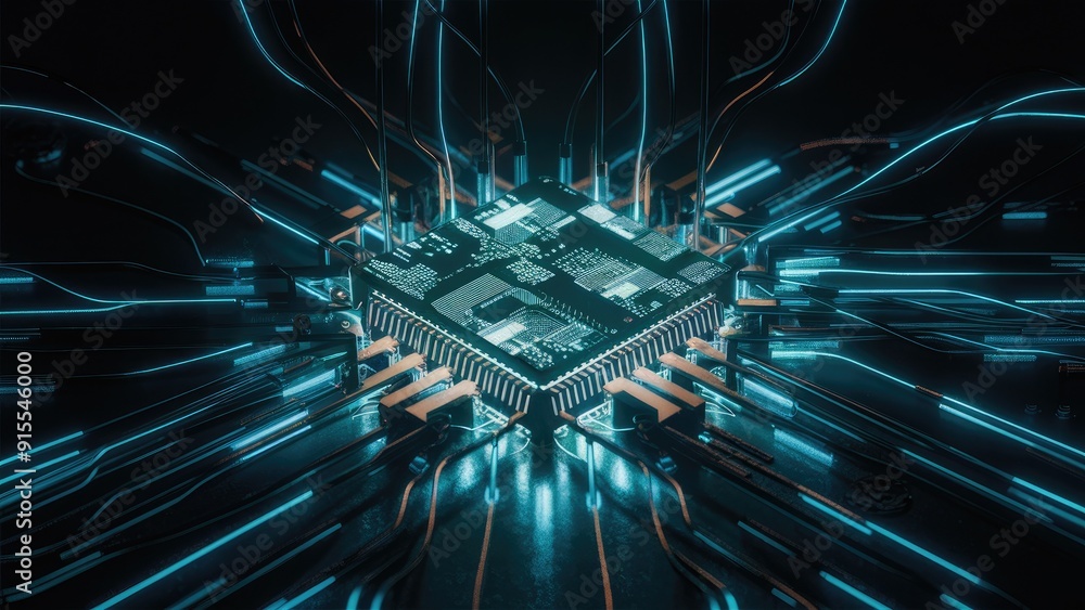 Poster illuminated circuit board graphic on dark backdrop for tech innovation