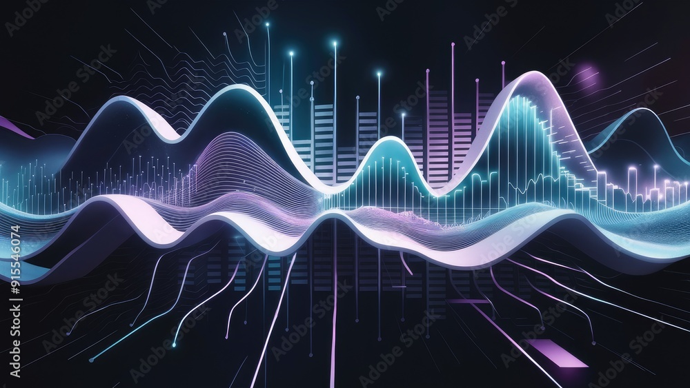 Poster abstract wave design element featuring a digital frequency track equalizer and stylized line art bac