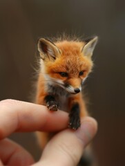 Obraz premium Macro photo of a small miniature fox sitting on fingers