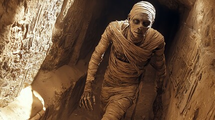 A spooky mummy emerges from a dark tomb.