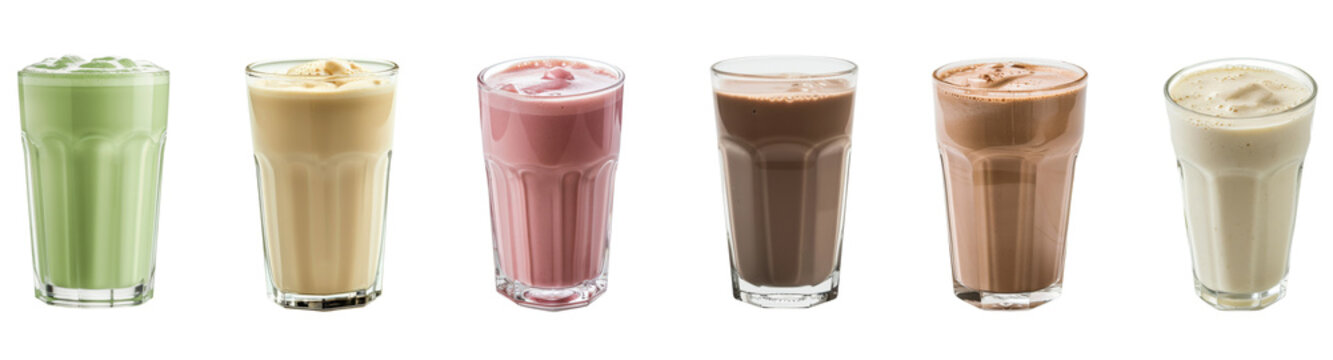 Set of Healthy drink protein shake in glass isolated on background, breakfast meal with whey protein for high calcium.