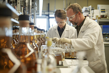 Chemical engineers analyzing core samples in a laboratory at an oil research facility