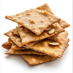 Fototapeta premium Delicious crispy crackers stacked with whole almonds, perfect for snacking or serving with cheese and dips.