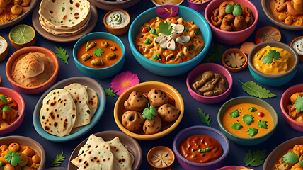 A 3D cute cartoon style Indian food platter with a variety of colorful dishes, including naan, curry, and sweets, set against a simple background