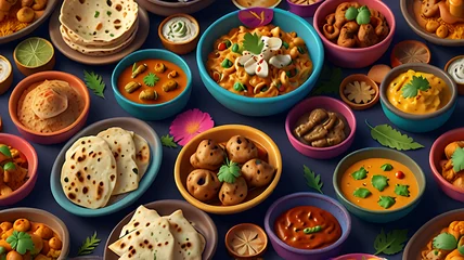 A 3D cute cartoon style Indian food platter with a variety of colorful dishes, including naan, curry, and sweets, set against a simple background © Riteek