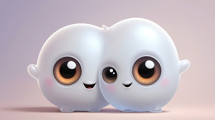 Obraz premium A 3D cute cartoon style portrait of a cheeky, round ghost character with big eyes, a mischievous smile, and a translucent body, set against a simple background