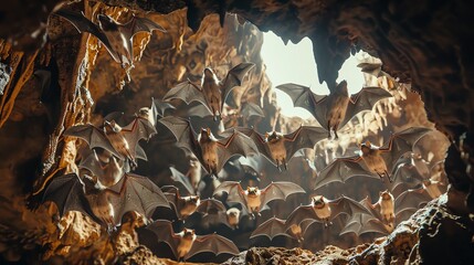 Bats emerging from a cave, filling the air as they head out to hunt, wildlife species air, bat colonies