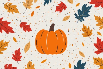 Naklejka premium A vibrant autumn pattern featuring an orange pumpkin surrounded by colorful leaves, perfect for seasonal designs and decorations.
