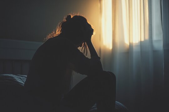 a depressed woman sitting in the dark room