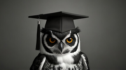 Fototapeta premium A 3D cute cartoon style portrait of a shy, bespectacled owl character with a graduation cap, large eyes, and a warm, inviting smile, set against a simple background