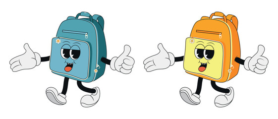 Retro groovy blue and yellow school backpack set in 60s, 70s, 80s. Vector vintage school backpack Mascot Templates