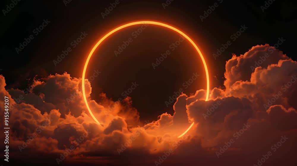 Wall mural 3d animation of abstract clouds illuminated with neon orange light ring on dark background