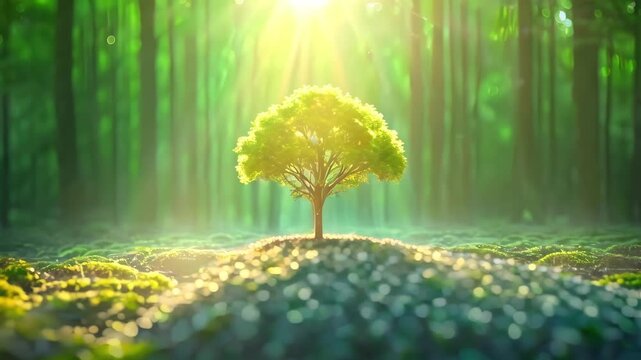 3d animation of small tree in a forest landscape with sunrays lighting the area