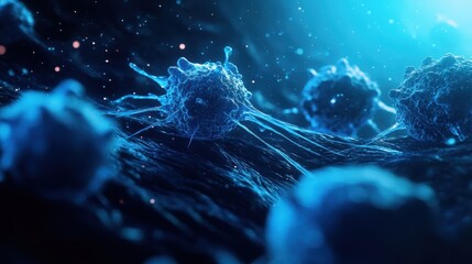 Intriguing Close-up of Abnormal Cancer Cells in Hyper-Realistic Deep Blues - Digital Art Concept
